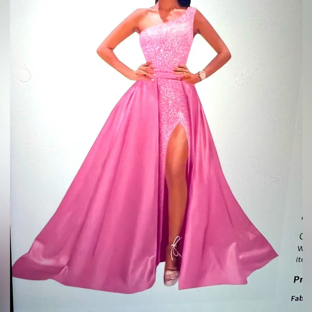 One-Shoulder Pink Evening Gown with High Slit - Picture 1 of 4